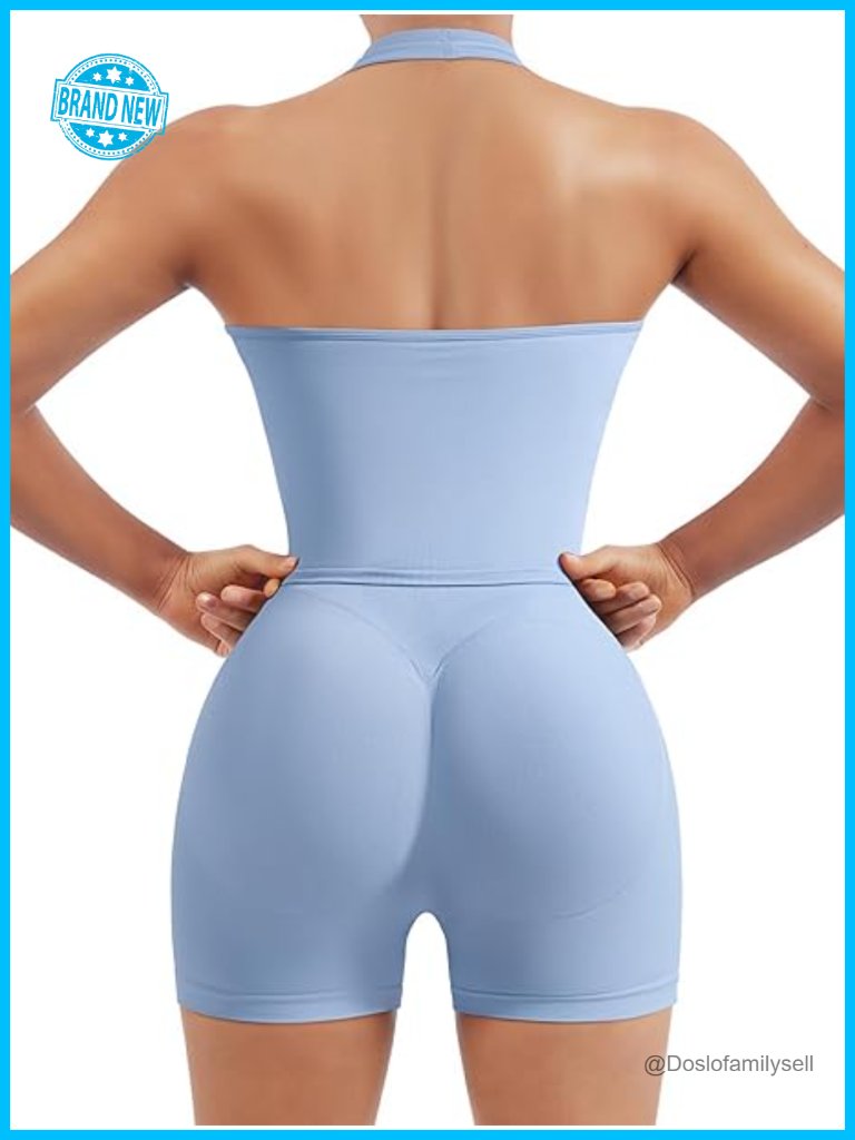 Seamless 2 Piece Yoga Set With Padded Halter Tank And Tummy Control Biker Shorts